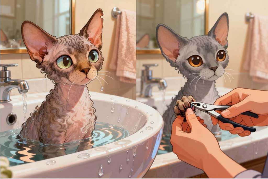 Devon Rex cat care tips for coat, ears, bath and nails